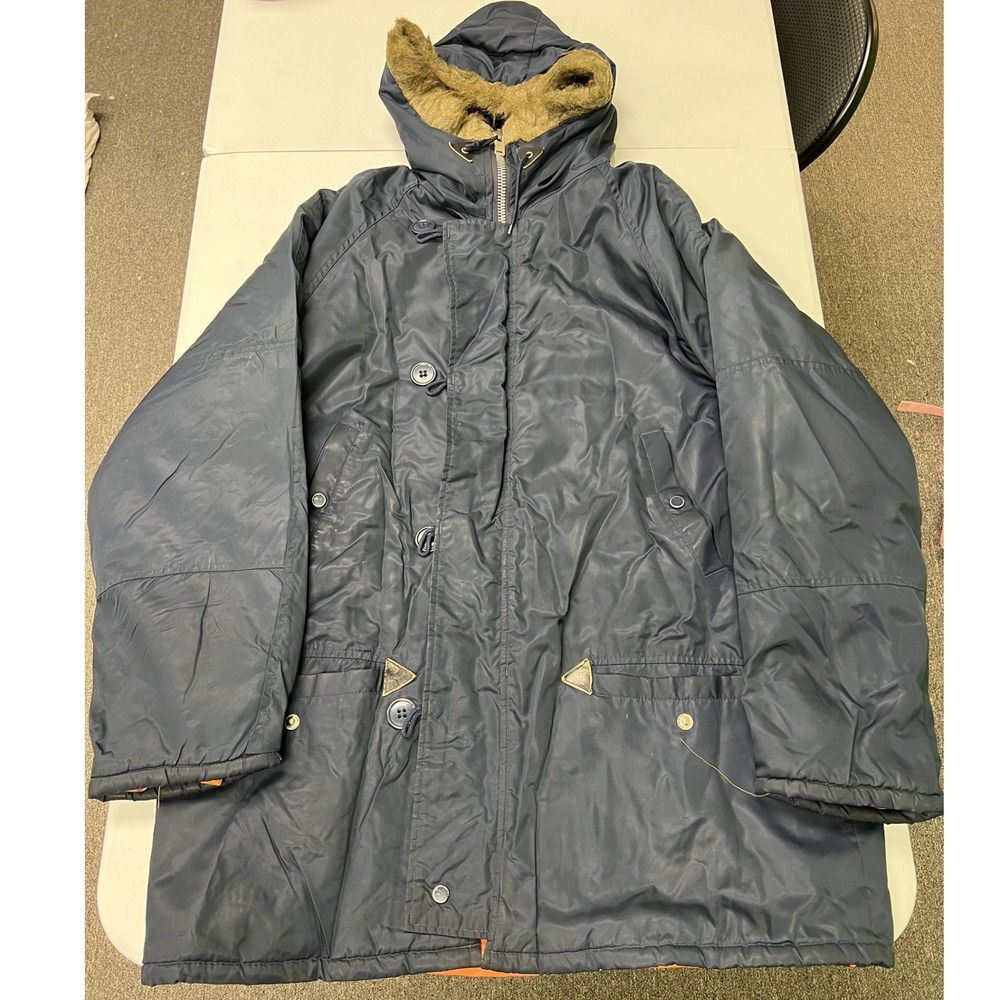 JCPenney Snorkel Parka Mens Large Navy Blue Vintage Faux Fur Hood N-3B Style